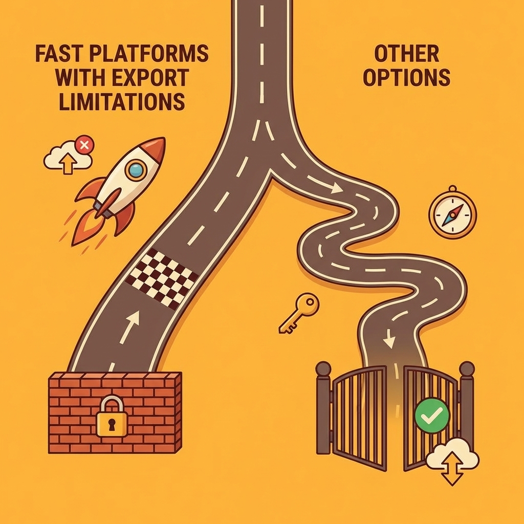 Two diverging paths showing the choice between fast platforms with export limitations versus more flexible options